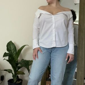 White, off the shoulder button up shirt